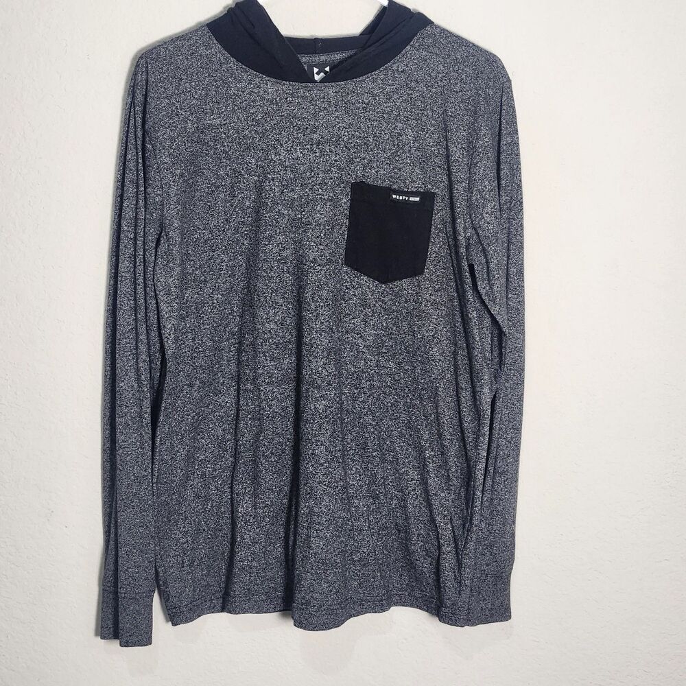 Westy MFG Co Mens Medium Hooded Shirt Gray Black Pocket Long Sleeve Hoodie